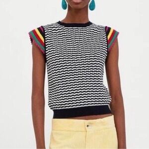 ZARA Black Striped Spring Knit Top w/ Colorful Short Cap Sleeves•Size L